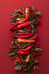 An assortment of colorful chili peppers and leaves on a red background