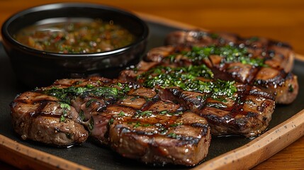 Close up of beef or pork dish with sauce on wooden table - obrazy, fototapety, plakaty