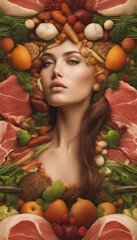 Fototapeta na wymiar Girl with vegetables, fruits, and meat