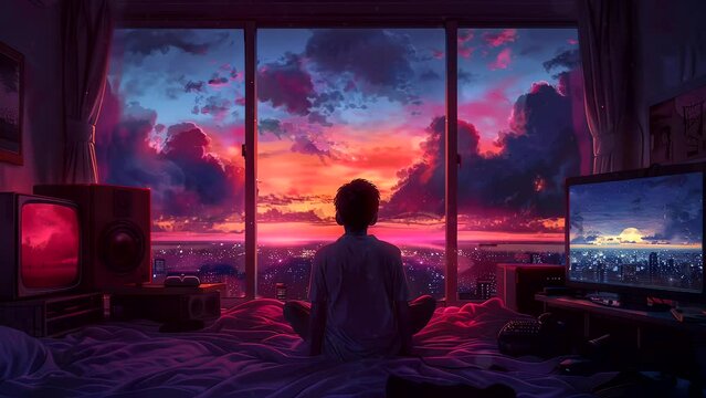 Man listening to music with headphones in bedroom at night. Anime art style. Loop animation. lofi music background