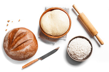 Bread, dough, flour and rolling pin isolated