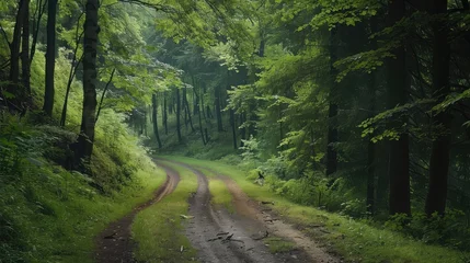 Foto op Plexiglas old country road through primeval carpathian forests. summer scenery with trees in green foliage © Khalif