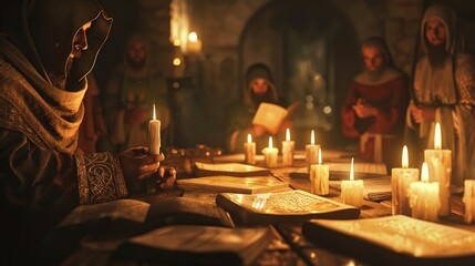 Alchemist guilds meeting, candlelit, close-up, medieval mystique, 