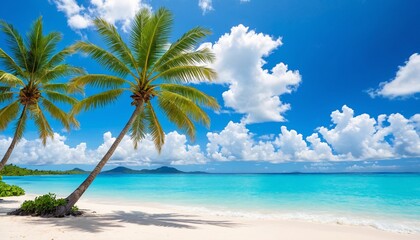 Paradise beach with palm trees in tropical sea. Beautiful palm tree on a tropical island. Ocean and blue sky. Amazing summer holiday.