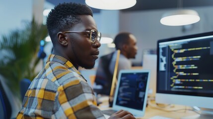Focused African male software developer coding on multiple screens in modern office workspace