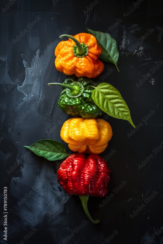 Sticker Colorful bell peppers with leaves on a dark, textured background, aligned vertically