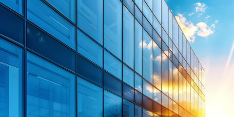 Fototapeta na wymiar grass office building on blue sky background. closeup of the exterior wall, showcasing black aluminum window frames and glass
