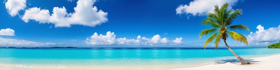 Fototapeta na wymiar Palm and tropical beach. A calm beach with palm trees swaying in the breeze. Serene coastal image. 