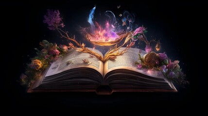 Magic Book with the Moon. Generative AI. The Magic Book