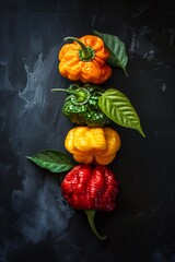 Colorful bell peppers with leaves on a dark, textured background, aligned vertically - obrazy, fototapety, plakaty
