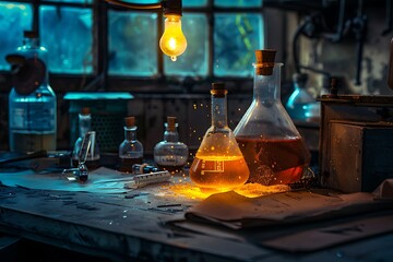 A Chemistry recipient in a laboratory ambiance . - obrazy, fototapety, plakaty