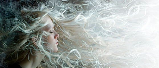 When I sleep I am connected to All That Is and feel safe - beautiful young female face side profile with masses of flowing white hair merging into white depicting peaceful sleep