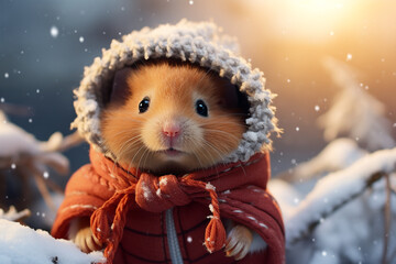 Obraz premium winter postcard with a red hamster сreated with Generative Ai