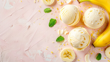 Banana ice cream scoops with fresh banana slices and mint leaves on a pink background. - obrazy, fototapety, plakaty