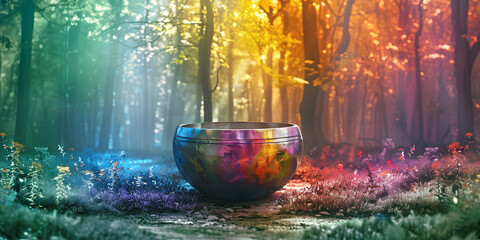 The Tibetan Singing Bowls' vibration affects everything around it - surreal multicoloured forest with a singing bowl in the foreground and copy space for sound and colour healing theme
