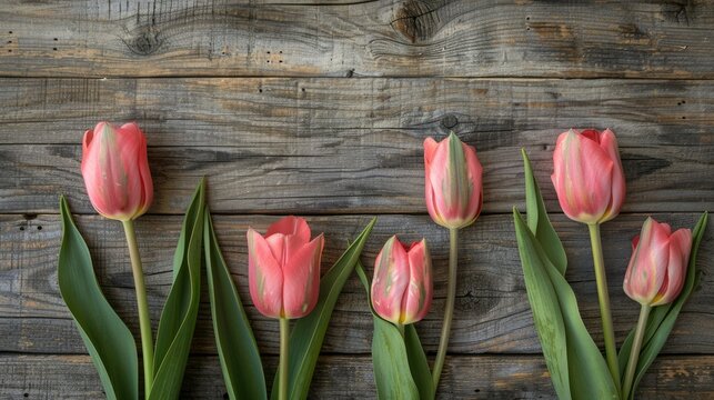 A stunning arrangement of four vibrant tulip blooms in a row against a rustic wooden backdrop Delightful close up showcasing the soft pink hues of the tulip petals and the lush greenery of 