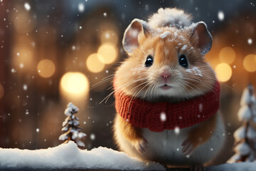 winter postcard with a red hamster сreated with Generative Ai