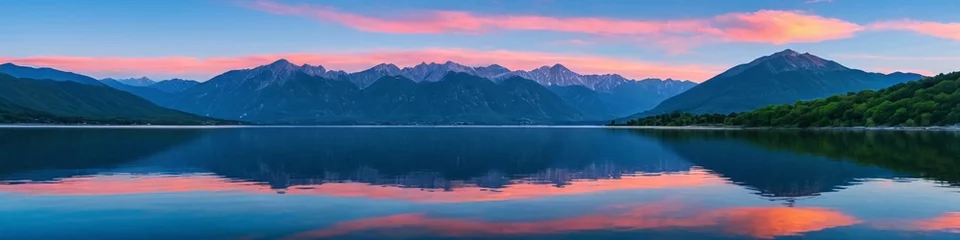 Peel and stick wall murals Reflection Majestic peaks reflected in a calm lake at sunset. Dawn in the mountains. Panoramic view of the beautiful mountain landscape.