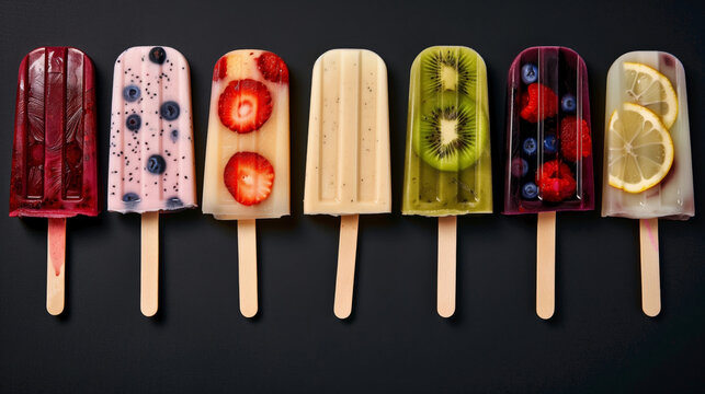 A variety of colorful fruit popsicles displayed on a dark background.