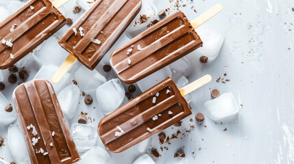 Chocolate popsicles with ice cubes and sprinkles on a light background.