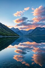 Fototapeta na wymiar Majestic peaks reflected in a calm lake at sunset. Dawn in the mountains. Panoramic view of the beautiful mountain landscape.