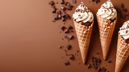 Three chocolate ice cream cones with sprinkles and chocolate pieces on a brown background