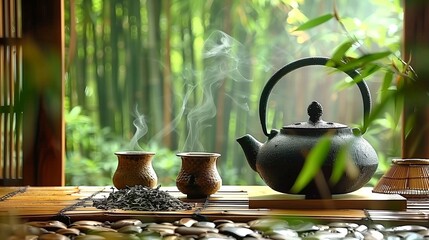 La tranquilidad de una ceremonia tradicional del té es palpable, con el vapor que se eleva de una tetera de hierro fundido contra un telón de fondo de bambú frondoso.