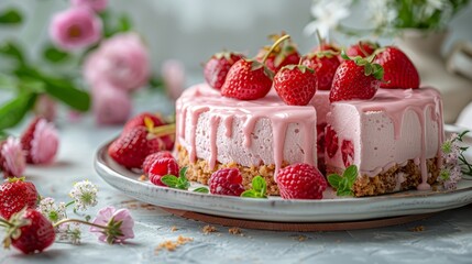   A tight shot of a cake on a plate, adorned with strawberries atop, and surrounded by flowers in the background