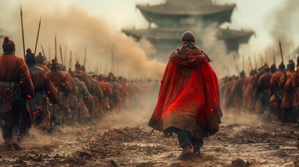 Epic film scene featuring lone warrior in red cloak advancing towards army, with traditional castle and smoke in the background. - 789151743