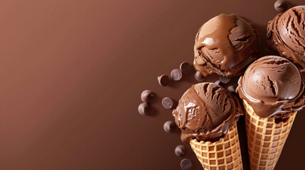 Delicious chocolate ice cream cones with chocolate drops on a brown background