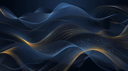 Fotobehang abstract dark blue wave gold line wave glow light effect luxury background. © Nenone