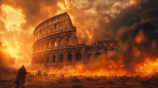 World of epic historical dramas, captivating scene of legendary Colosseum in fire, knights in armor. History comes alive