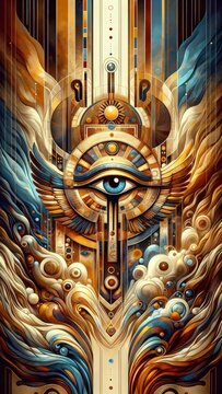 An abstract art illustration of the Eye of Horus, an ancient Egyptian symbol representing protection and power. The colorful design blends geometric shapes and mystical elements.