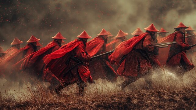 Soldiers dressed in big cloaks and armed with weapons bravely fighting on field with dust. Realism of cinematic battle scenes