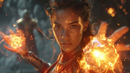 Female superhero shooting fireballs with one hand, dark figures in background, style of superhero movies - obrazy, fototapety, plakaty