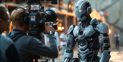 Behind-the-scenes shot from sci-fi film set, capturing detailed robot character in focus with a cinematographer filming. - 789151939