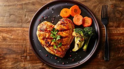 Fotobehang Capture the essence of love and wellness with a heart shaped grilled chicken breast elegantly presented alongside steamed vegetables set on a rustic wooden table This delightful dish embodi © 2rogan