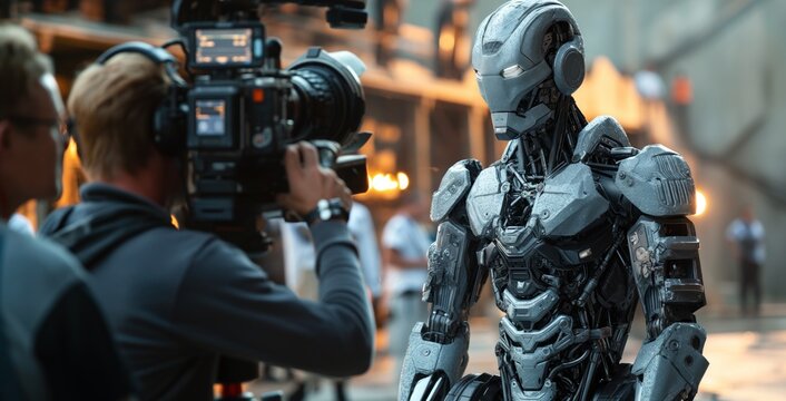 Behind-the-scenes shot from sci-fi film set, capturing detailed robot character in focus with a cinematographer filming.