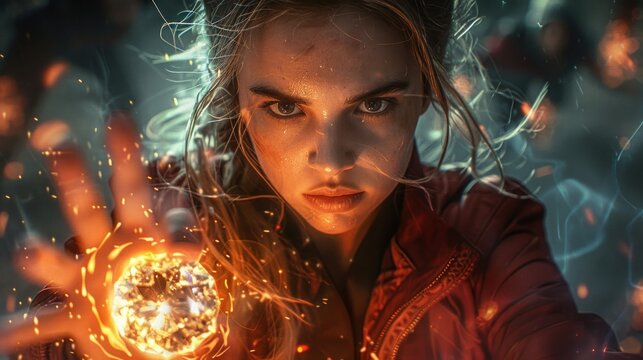 Female superhero shooting fireballs with one hand, dark figures in background, style of superhero movies