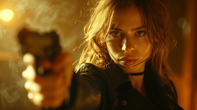 Experience drama and suspense of cinematic thriller with striking image of woman, showing anger and hate in her look, holding pistol with unwavering determination