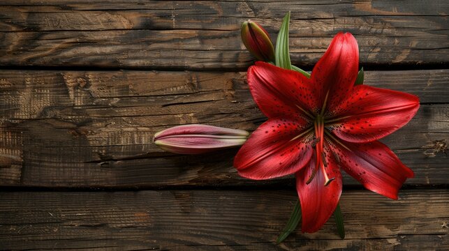 Capture the stunning beauty of a Red Easter Lily flower up close against a rustic wooden backdrop in a mesmerizing photograph