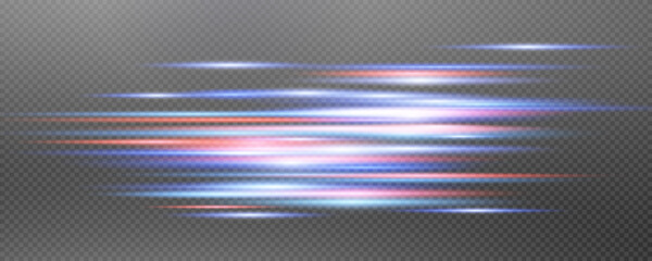 Set of realistic vector blue stars png. Set of vector suns png. Red flares with highlights. Horizontal light lines, laser, flash. Red blue special effect, magic of moving fast motion laser beams.