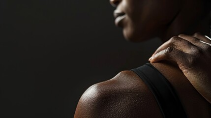 Focus on a person's shoulder tensing up in pain, with a plain black background, rendered realistically. - obrazy, fototapety, plakaty