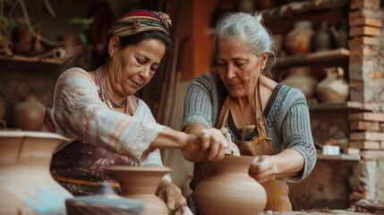 Indigenous Australian and Caucasian women crafting traditional pottery in a rustic Greek village setting, styled in rich, earthy tones that highlight cultural exchange. - Powered by Adobe