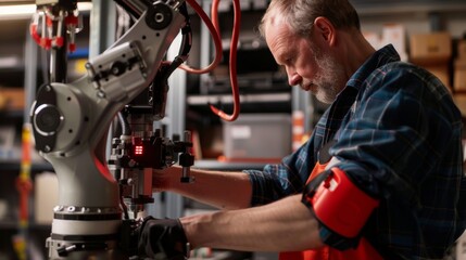 Industrial AI in Action with Human Collaboration: Middle-aged Caucasian male collaborates with an AI-powered robotic arm to assemble machinery.