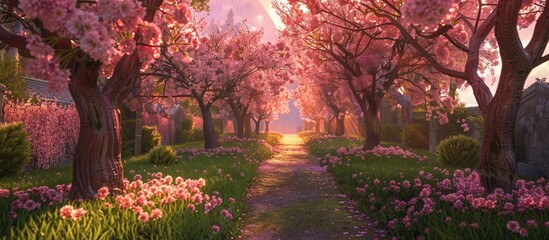 Cherry blossom trees line a garden alleyway, set against a backdrop of a fresh green lawn during sunset.