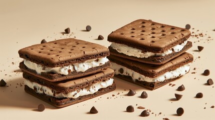 Stacked ice cream sandwiches with chocolate chips scattered on a beige surface