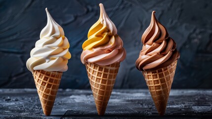 Three different flavors of soft serve ice cream cones on a dark background - obrazy, fototapety, plakaty