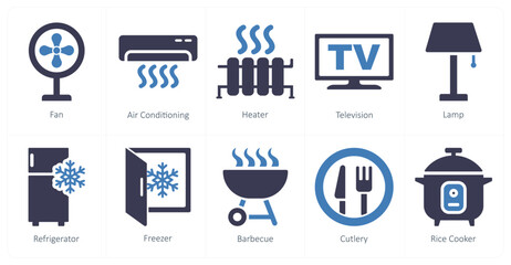 A set of 10 home appliances icons as fan, air conditioning, heater - obrazy, fototapety, plakaty