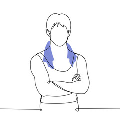 muscular man stands with his arms crossed with a towel hanging from his neck - one line art vector. concept strong man, man boxer